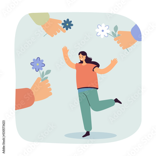 Hands of male characters giving flowers to happy woman. Romantic gifts for tiny cute girl flat vector illustration. Valentines day, bouquet concept for banner, website design or landing web page