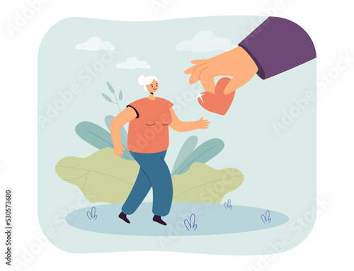 Hand giving red heart to tiny old jogging grandma. Likes and respect for old womans healthy lifestyle flat vector illustration. Sport, support concept for banner, website design or landing web page