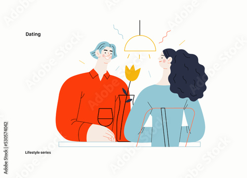 Lifestyle series - Dating - modern flat vector illustration of a woman and a man dating in the restaurant sitting at the table drinking wine, vase with a flower. People activities concept