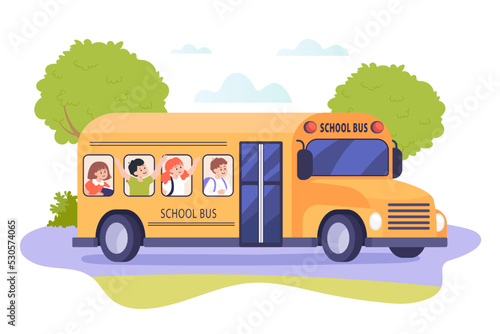 Side view of school bus with happy children inside. Kids going on roadtrip or to school on yellow bus flat vector illustration. Education, adventure, traveling concept for banner or landing web page