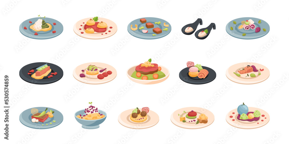 Molecular cuisine serving on plates cartoon illustration set. Side view of various molecular dishes. Scientific approach to cooking. Luxury food, course, gastronomy, chemistry concept