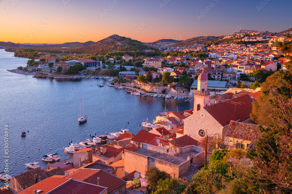 Sibenik, Croatia. Aerial cityscape image of beautiful coastal Sibenik, Dalmatia, Croatia at summer sunset.