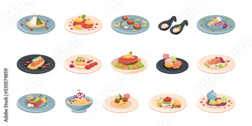 Molecular cuisine serving on plates cartoon illustration set. Side view of various molecular dishes. Scientific approach to cooking. Luxury food  course  gastronomy  chemistry concept