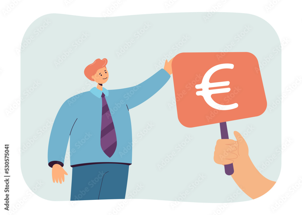 Hand showing euro sign to businessman. Person holding symbol for paying, selling money flat vector illustration. Salary, income, payment concept for banner, website design or landing web page Hand showing euro sign to businessman. Person holding symbol for paying, selling money flat vector illustration. Salary, income, payment concept for banner, website design or landing web page