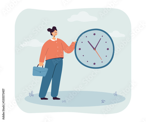 Sad businesswoman holding clock in hands. Tiny womans stress over deadline in office work flat vector illustration. Time management  late concept for banner  website design or landing web page