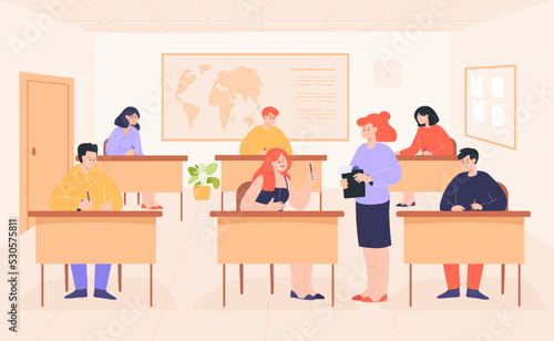 Female student talking to teacher during exam. Group of young people taking exam in classroom flat vector illustration. Education  examination concept for banner  website design or landing web page