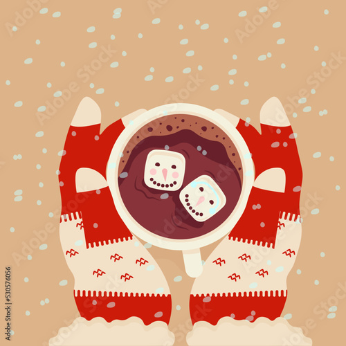 Female hands in woolen gloves hold a cup of cocoa and marshmallows in the form of snowmen on an isolated background. Vector illustration