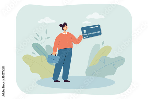 Sad businesswoman holding briefcase and credit card. Tiny upset woman with financial problems flat vector illustration. money, debt, bankruptcy concept for banner, website design or landing web page