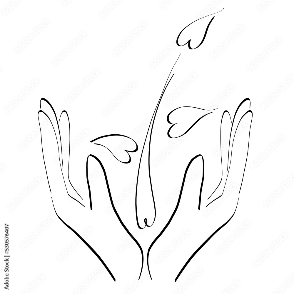 young sprout of a tree with heart-shaped leaves in the hands protecting it, black outline young sprout of a tree with heart-shaped leaves in the hands protecting it, black outline