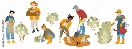 Gardening hobby, farm works set. Characters working in garden. Men and women harvesting, planting and caring of plants, raking ground, watering and fertilize flowers, Line art flat vector illustration