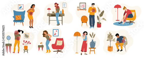 People feel pain, characters suffering of ache in different body parts neck, leg, back, knee, stomach, ankle, shoulder or heart. Health problem, disease symptoms, Cartoon linear flat vector set