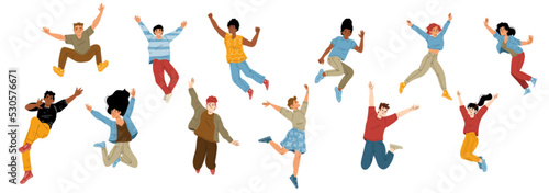 Happy people jump with raised arms, cheerful male and characters win, feel positive emotions, rejoice, celebrate victory or success. Laughing teens, men, women Cartoon linear flat vector illustration