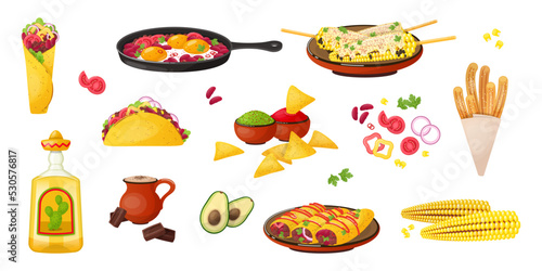 Mexican cuisine dishes vector illustrations set. Collection of cartoon drawings of traditional Mexican tacos, burritos, nachos with spices, churros isolated on white background. Mexican food concept