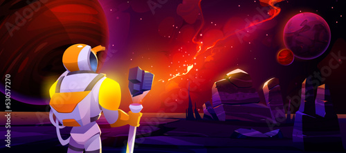 Astronaut on alien planet in far galaxy. Cosmonaut in suit and helmet holding staff look on dark starry sky with glowing nebula in space. Spaceman stranger explore universe Cartoon vector illustration