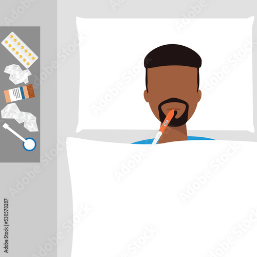 African man lay in bed with cold or flu with a thermometer. Flu man with any medication. Vector illustration