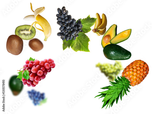 Fototapeta Naklejka Na Ścianę i Meble -  Kiwi, banan, avokado, grape, ananas levitate on a white background, healthy diet. Fresh fruits and vegetables.