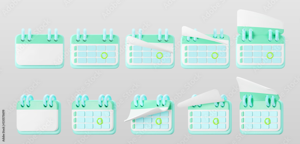 3d blue calendar icons with highlighted circle day and flipping pages. Save the date. Render of weekly schedule planner with mark the date. Calendar important day concept. 3d cartoon simple vector.