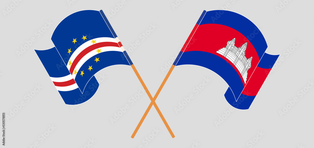Crossed and waving flags of Cape Verde and Cambodia Crossed and waving flags of Cape Verde and Cambodia