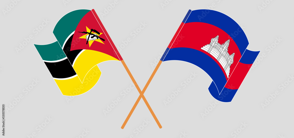 Crossed and waving flags of Mozambique and Cambodia Crossed and waving flags of Mozambique and Cambodia