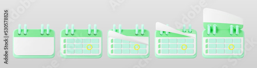 3d green calendar icons with highlighted circle day and flipping pages. Save the date. Render of weekly schedule planner with mark the date. Calendar important day concept. 3d cartoon simple vector