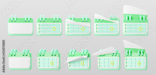 3d green calendar icons with highlighted circle day and flipping pages. Save the date. Render of weekly schedule planner with mark the date. Calendar important day concept. 3d cartoon simple vector