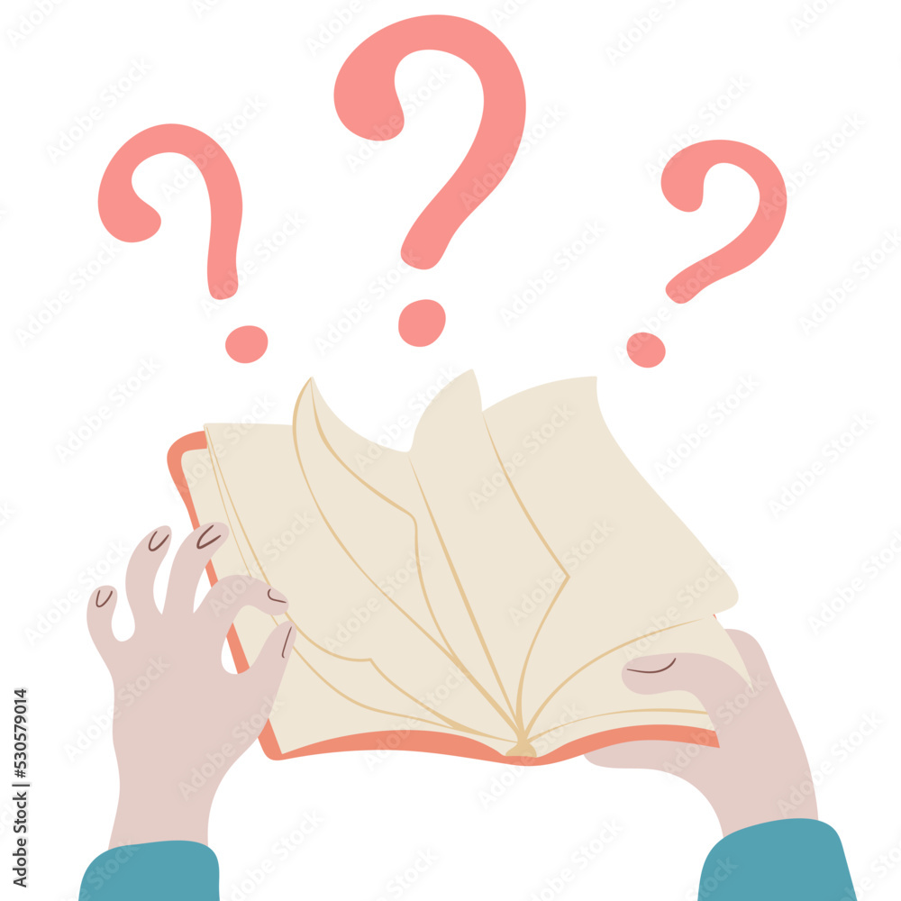 Reading Question Sign Hand holding open book with question mark. Questions and Answers. Ask ...