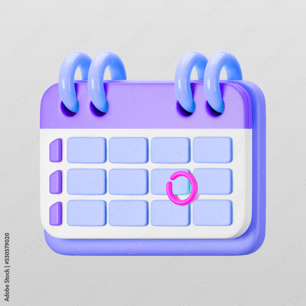 3d purple calendar icon with highlighted circle day and flipping pages. Save the date. Render of weekly schedule planner with mark the date. Calendar important day concept. 3d cartoon simple vector