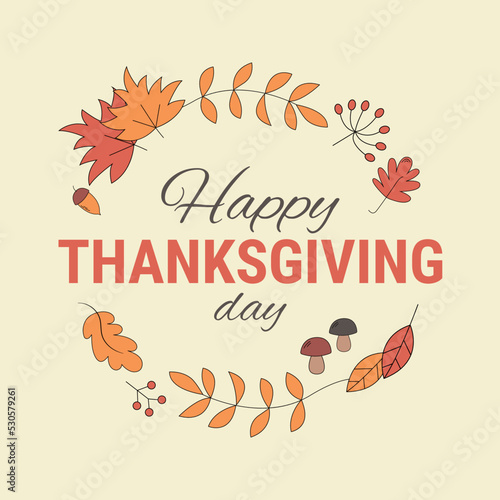 Thanksgiving cute cartoon poster. Vector autumn banner with yellow and red bright falling leaves. Greeting card for the fall season, holidays.