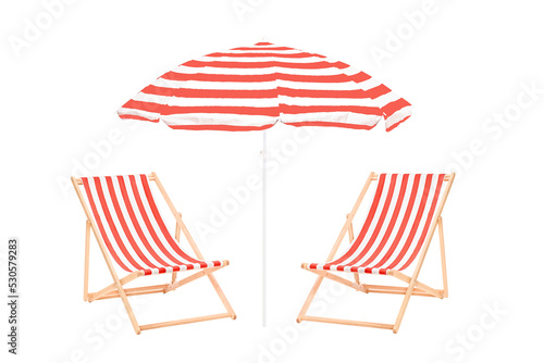 Two beach sun loungers and an umbrella
