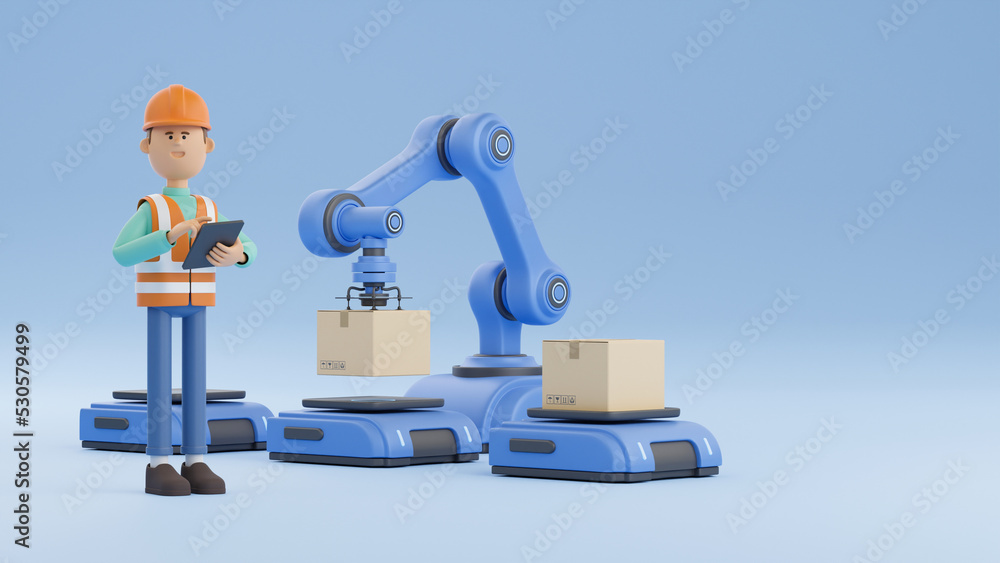 Smart industry production factory warehouse logistic and transport Future Technology. Engineer operating vehicle autonomous guided robot AGV system robotic arm carry cardboard box. 3d rendering. Smart industry production factory warehouse logistic and transport Future Technology. Engineer operating vehicle autonomous guided robot AGV system robotic arm carry cardboard box. 3d rendering.