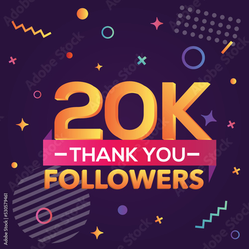 Thank you 20000 followers, thanks banner.First 20K follower congratulation card with geometric figures, lines, squares, circles for Social Networks.Web blogger celebrate a large number of subscribers.