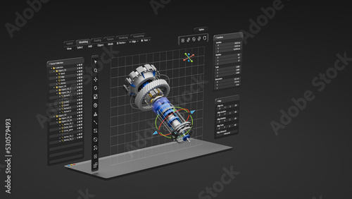 Engineering designer design 3D CAD software program Industrial engine model mechanical dimensional digital manufacturing factory engineer computer screen. 3d rendering.