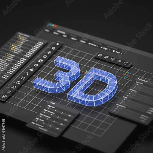 Engineering designer design 3D CAD software program Industrial engine model mechanical dimensional digital manufacturing factory engineer computer screen. 3d rendering.