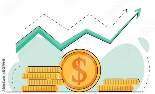 salary dollar rate increase statistic. business profit growth margin revenue. Finance of performance return on investment ROI concept with arrow.  icon coin flat vector illustration isolated on white