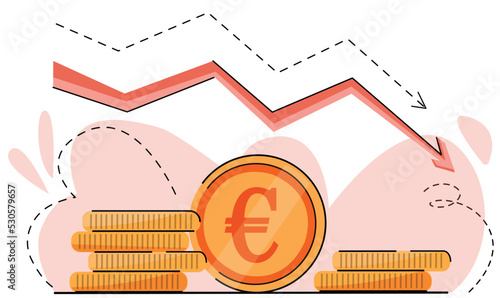 Bad contraction of the economy, Market crash, Bankruptcy, Budget recession, Investment spending. World financial crisis, Falling oil prices, Collapse of the economy. vector coin euro down arrow graph