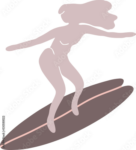 Vector illustration of a girl standing on a surfboard. Doodle style. Water sports. Hand drawn.