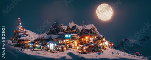 winter village covered with snow near mountains and trees at night with full moon illustration. Generative AI