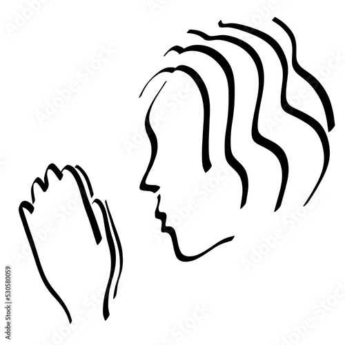 young man with wavy hair prays to God with hands folded, christian pattern on a white background, black outline