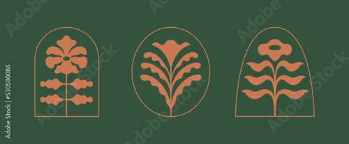 Vector logo design template and badge in simple wavy linear style - floral elements and frames, packaging organic products, hand-crafted goods, posters, prints