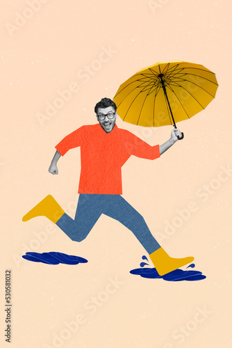 Creative 3d collage artwork poster sketch of happy carefree person enjoy rainy weather isolated on painting background