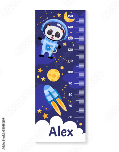 Kids height chart with animal astronaut in space suit, planets, spaceships, rockets, stars and moon. Meter wall or Growth ruler. Vector cartoon children illustration