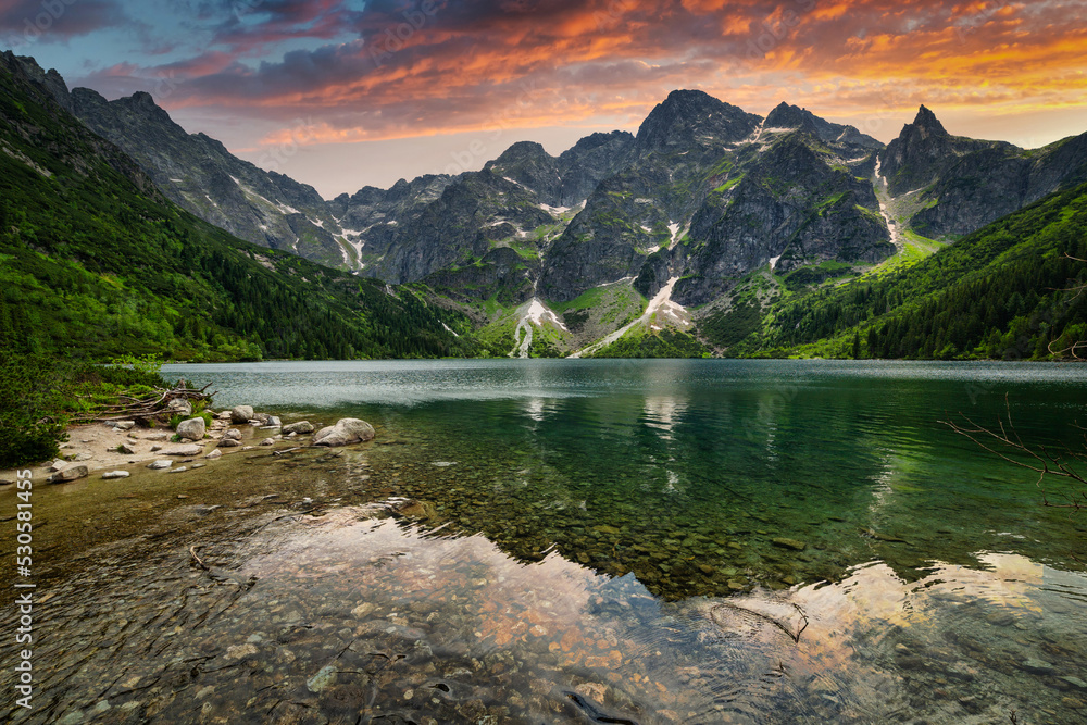 Amazing sunset in the Tatra Mountains above Eye of the Sea Lake, Poland