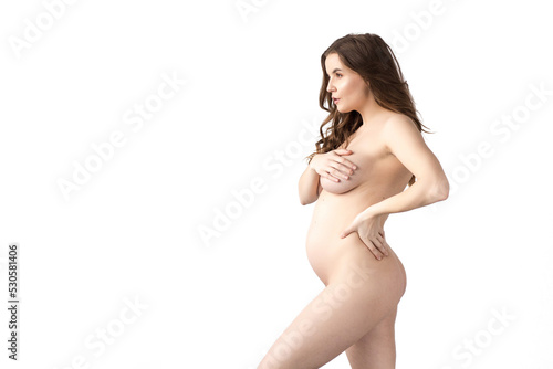 young attractive naked pregnant woman, isolated on white background