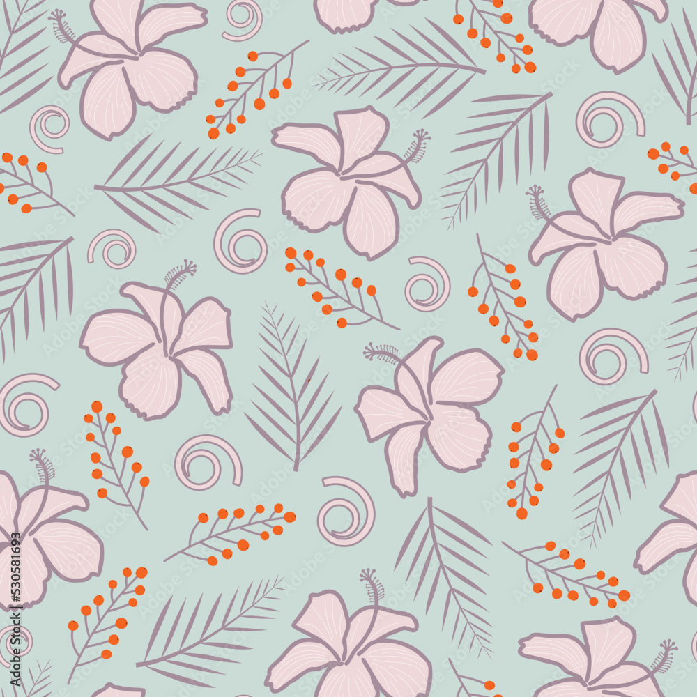 Elegant trendy hibiscus flowers and palm leaves vector seamless pattern design for textile and printing-ditsy floral texture with sky color background