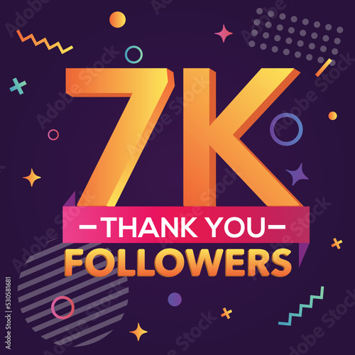 Thank you 7000 followers, thanks banner.First 7K follower congratulation card with geometric figures, lines, squares, circles for Social Networks.Web blogger celebrate a large number of subscribers.