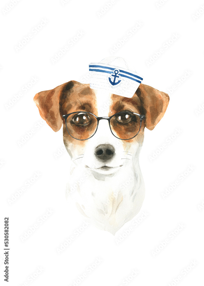 Watercolor Jack Russell illustration, cute dog breed, hipster portrait