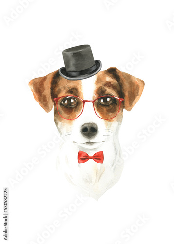 Watercolor Jack Russell illustration, cute dog breed, hipster portrait,funny character, cartoon dog in costume,clothes, accessories, hat, poster, card, invite, print,printable, flyer,it's a boy,diy