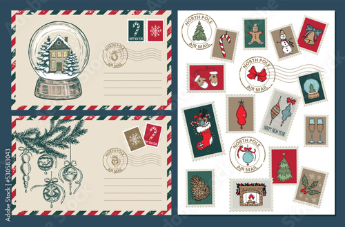 Christmas mail, postcard, hand drawn illustration.	
