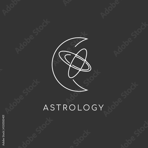 Astrology logo. Orbit and moon astrology logo icon for astronomy design isolated over black background