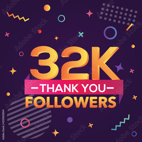 Thank you 32000 followers, thanks banner.First 32K follower congratulation card with geometric figures, lines, squares, circles for Social Networks.Web blogger celebrate a large number of subscribers.